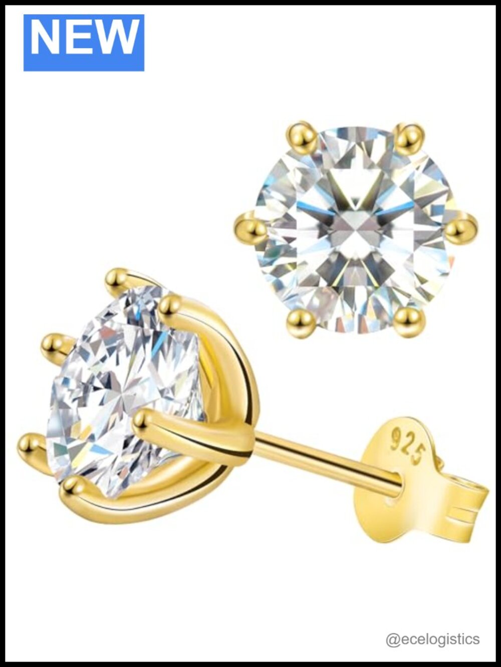 Moissanite Stud Earrings 925 Sterling Silver Vermeil 18K Gold Hypoallergenic